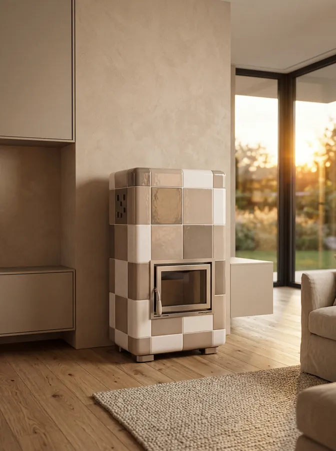 Stufa in ceramica Ambra tre colori, vista frontale