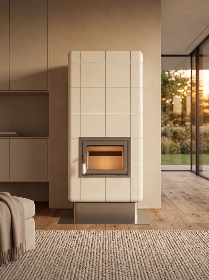 Stufa in ceramica Ambra XL con basamento, vista frontale