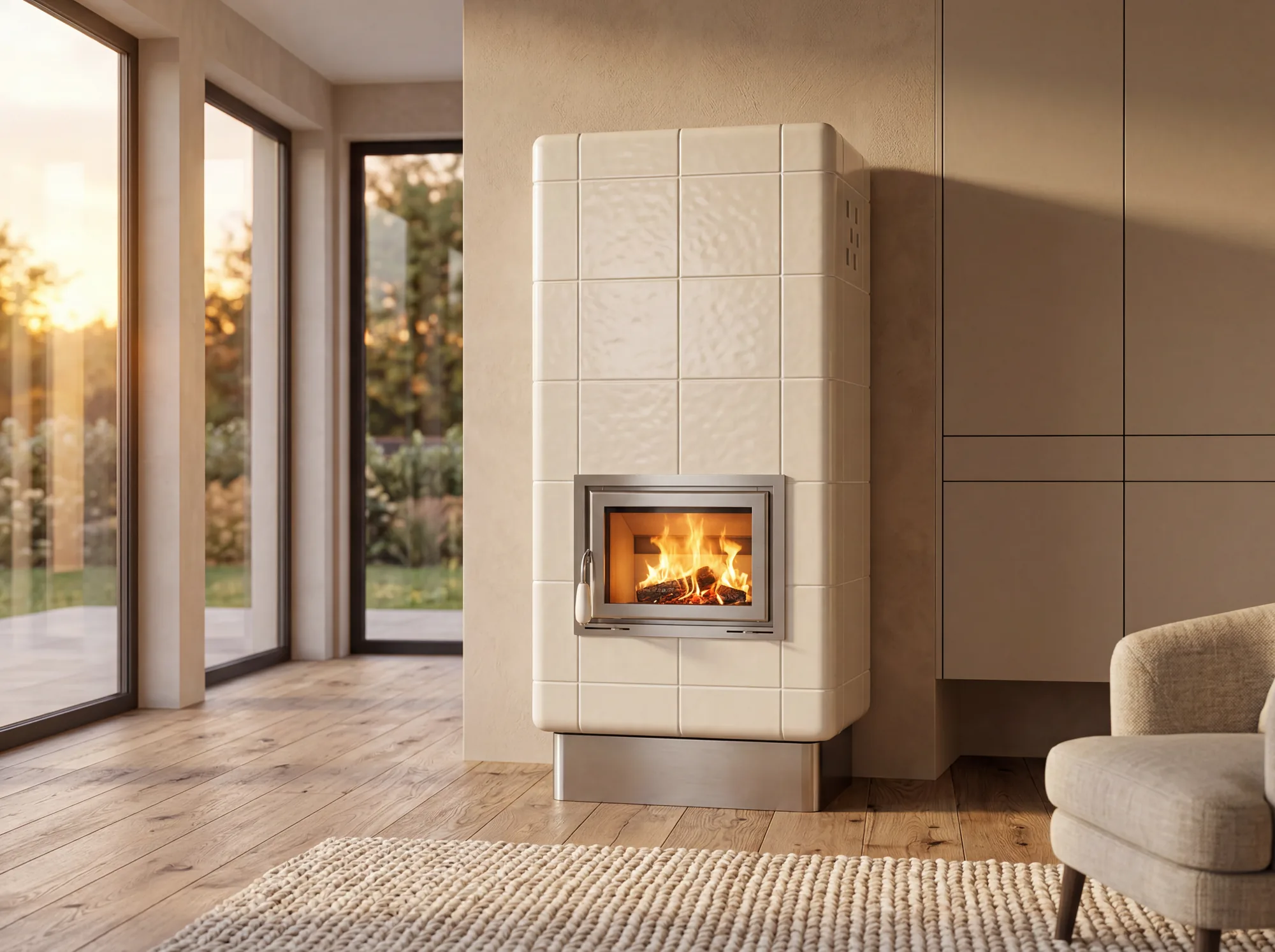 Stufa in ceramica Ambra XL con basamento in acciaio inox