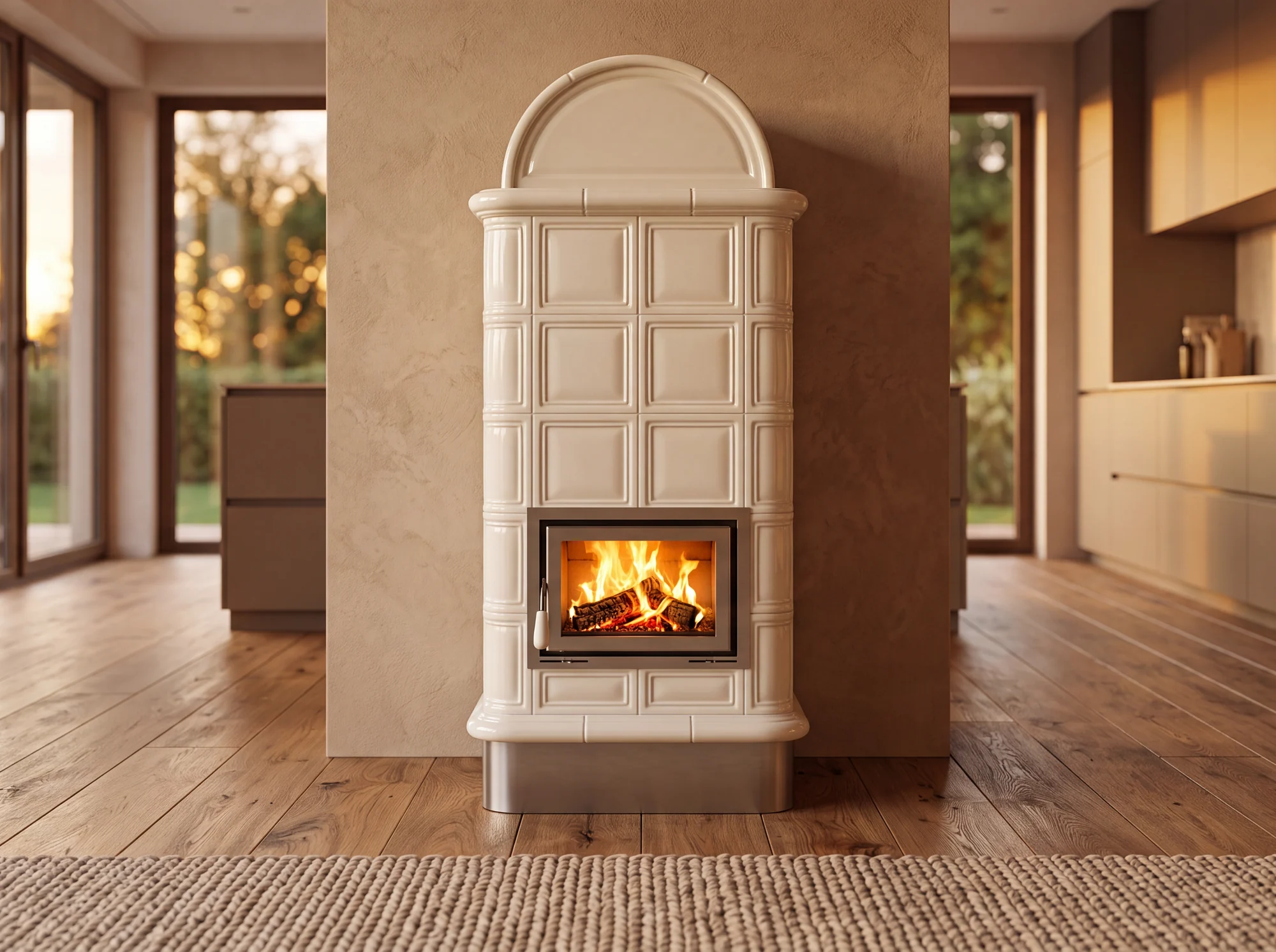 Stufa in ceramica Luna con cupola traforata e basamento in acciaio inox
