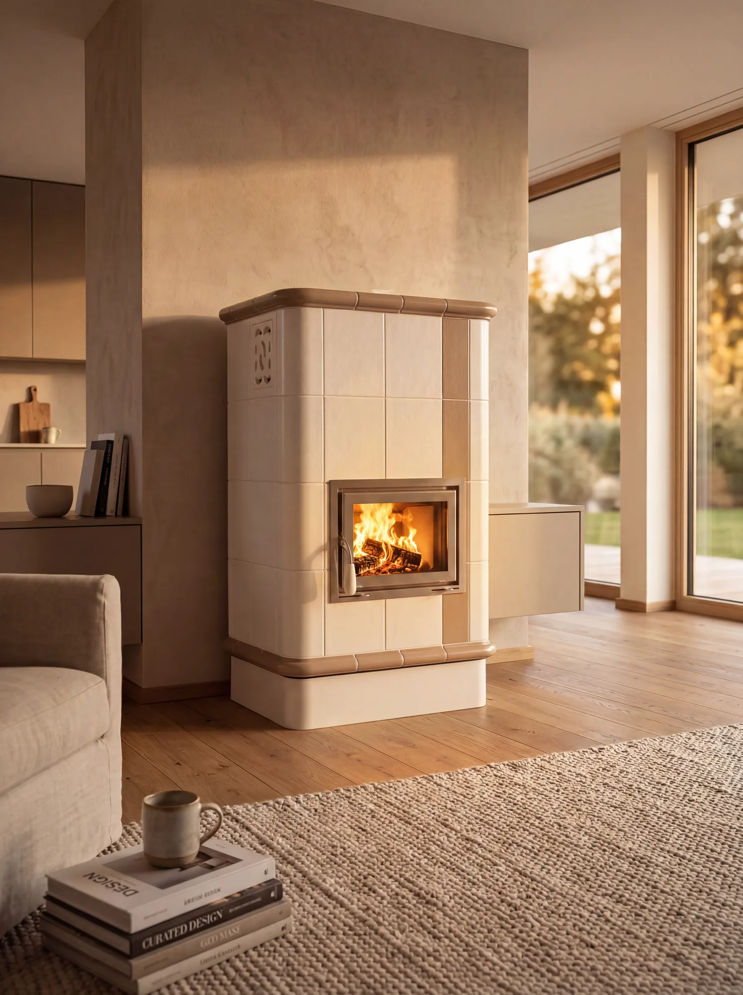 Stufa in ceramica artigianale Sirio con basamento in acciaio bianco