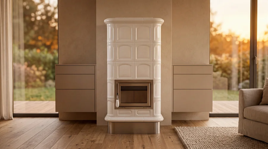 Stufa in ceramica Venere XL con basamento in acciaio inox satinato