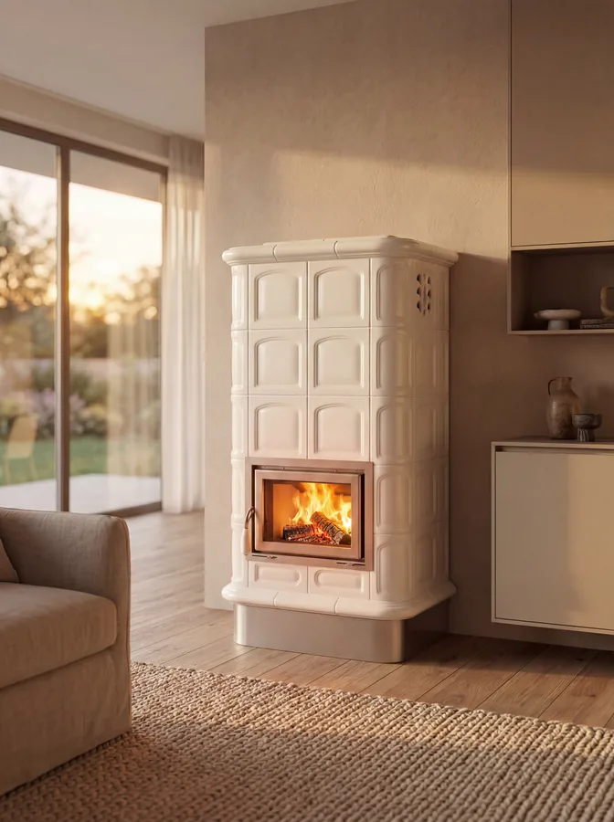 Stufa in ceramica Venere XL con basamento, vista frontale