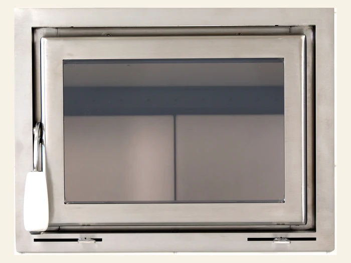Porta fuoco in acciaio inox chiusa, con vetro ceramico e pomolo in ceramica